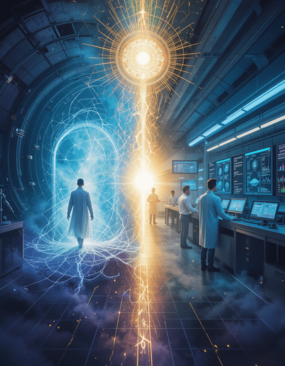 Imagem de um cientista em um laboratório observando e estudando portal energético