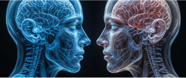 Dois rostos um de frente para o outro, sendo um rosto transparente com o cerebro amostra representando a ciência e o outro rosto transparente com cerebro luinoso representando a espiritualidade.