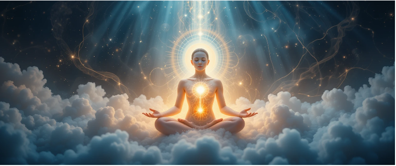 Uma cena espiritual serena mostrando uma pessoa cercada por uma aura suave e brilhante, com energia fluindo pelos chakras. Feixes de luz, gradientes sutis de cores e elementos cósmicos ao fundo simbolizam cura e energias sutis.