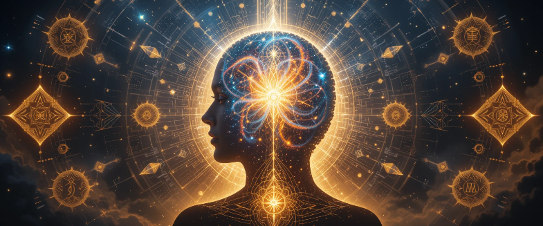 Cabeça com a ilustração de um universo dentro de um cerebro dando a alusão de filosofias e leis universais sobre a espiritualidade.