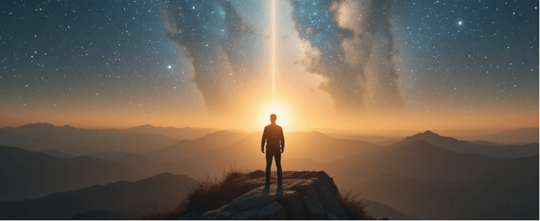 Uma pessoa em pé na beira de uma montanha ao nascer do sol, com a luz brilhando sobre ela. O fundo mostra um céu cósmico em harmonia com a natureza, simbolizando o despertar espiritual e a jornada interior.