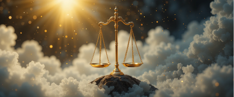 Uma balança dourada flutuando em um ambiente etéreo (representando justiça espiritual)