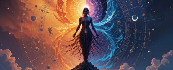 Ilustração simbólica de forças opostas em equilíbrio, representando a Lei da Polaridade