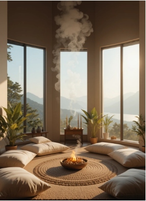 Um espaço de meditação tranquilo, banhado por uma suave luz natural, com almofadas no chão, fumaça de incenso subindo suavemente, plantas de interior, um pequeno altar com velas e cristais e uma grande janela com uma vista serena.