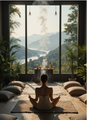 Uma pessoa meditando em um espaço de meditação tranquilo, banhado por uma luz natural suave, com almofadas no chão, fumaça de incenso subindo suavemente, plantas de interior, um pequeno altar com velas e cristais e uma grande janela com uma vista serena.