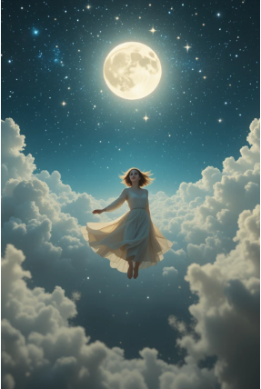 Imagem de uma mulher voando em um sonho lúcido.