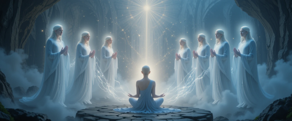 Seres de luz com formas humanoides feitas de pura energia luminosa, irradiando paz e serenidade.