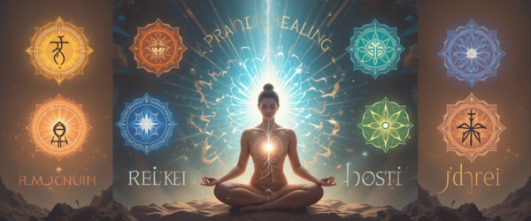 Pessoa meditando rodeada de energia equilibrada e símbolos das três práticas energéticas