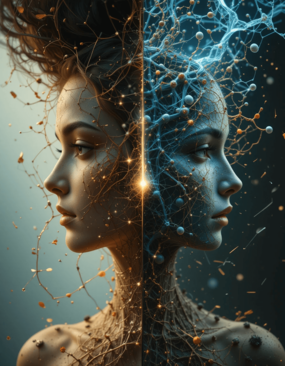 Dois rosto simbolizando a Ciência versus a espiritualidade na busca do autoconhecimento.