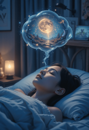 Pessoa deitada na cama prestes a dormir, com uma caixa de pensamento acima da cabeça exibindo imagen