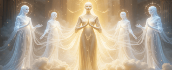 Seres dimensionais luminosos em um ambiente celestial com aura de paz e sabedoria.