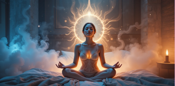 Uma pessoa sentada na cama em profundo estado de meditação, com os olhos fechados