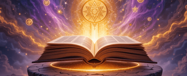 Uma ilustração digital mística que combina símbolos do Espiritismo, Teosofia, Gnosticismo, Hermetismo e Nova Era. Inclui figuras espirituais brilhantes, um olho que tudo vê, geometria sagrada, livros antigos, estrelas e luz etérea.