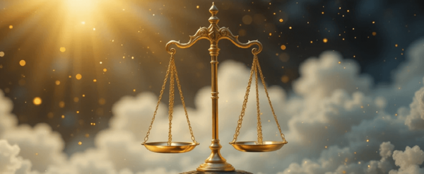 Uma balança dourada flutuando em um ambiente etéreo (representando justiça espiritual)