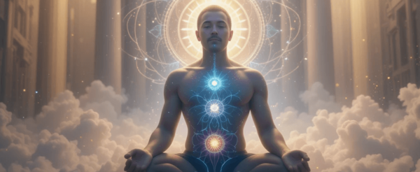 Uma cena espiritual serena mostrando uma pessoa cercada por uma aura suave e brilhante, com energia fluindo pelos chakras. Feixes de luz, gradientes sutis de cores e elementos cósmicos ao fundo simbolizam cura e energias sutis.