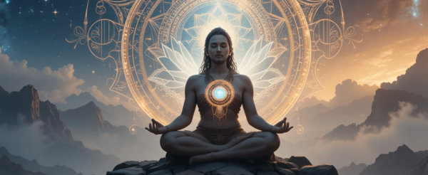 Uma serena obra de arte digital de uma figura sábia meditando sob um céu cósmico, cercada por símbolos espirituais ancestrais como a flor de lótus, o ouroboros, os chakras e a geometria sagrada. Luzes suaves e brilhantes, atmosfera mística, representando filosofias espirituais e a jornada da alma. Ideal como imagem de capa de blog.