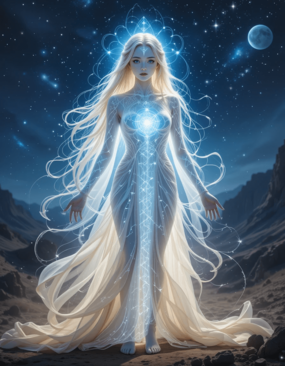Uma bela alienígena pleiadiana com feições humanoides, cabelos loiro-claros, pele radiante e olhos azuis brilhantes. Vestida com uma vestimenta imbuída de luz, em pé em uma paisagem serena e estrelada, com fluxos de energia cósmica, emanando sabedoria e amor.