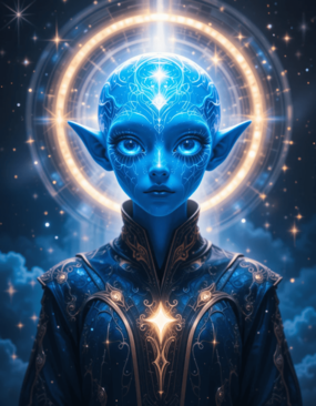 Um ser alienígena arcturiano luminoso, de pele azul, olhos grandes e radiantes e uma expressão etérea e pacífica. Veste uma túnica futurista com padrões brilhantes, cercado por uma suave luz cósmica e estrelas, em um cenário espiritual galáctico