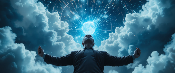 Imagem de um homem voando em um sonho lúcido ou projeção astral.