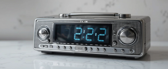 Radio relógio marcando um hora com números repetidos.