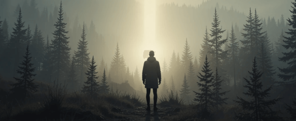 Pessoa diante de uma floresta escura com luz espiritual ao fundo