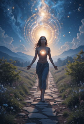Pessoa caminhando em paz por um caminho cósmico iluminado