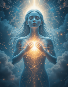 Figura radiante conectada ao eu interior, simbolizando a reconexão com a essência através do silêncio interior.
