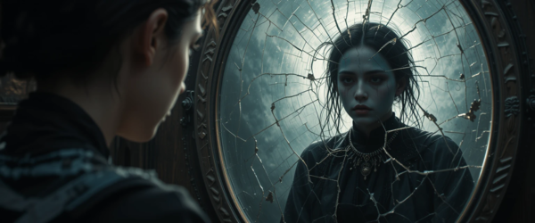 Reflexo de si mesmo em um espelho quebrado representando espelhos da alma e das feridas emocionais.