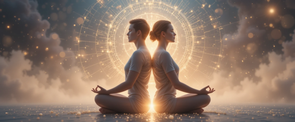 Duas pessoas conectadas em equilíbrio espiritual, irradiando harmonia.