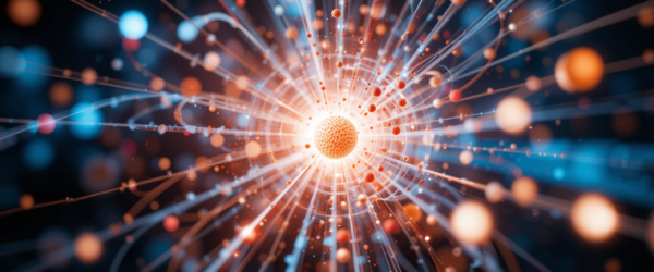 Partículas subatômicas em movimento com trilhas de energia brilhante em fundo escuro represenando o mundo da física quântica em cnexão com a consciência.