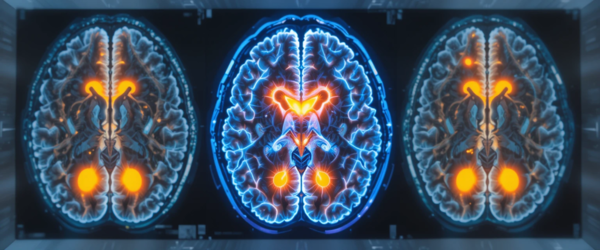 Imagem cerebral funcional com áreas ativadas durante a meditação, destacando o córtex pré-frontal e a glândula pineal sobre um olhar da neurociência.