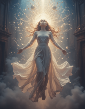 Pessoa flutuando em luz com ondas cerebrais ao fundo, representando uma experiência de quase morte.