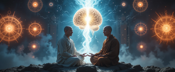 Cientista e monge meditando juntos, com luz fluindo entre símbolos do cérebro e da alma.