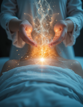 Terapeuta aplicando Reiki com luz fluindo das mãos em função das terapias vibracionais.