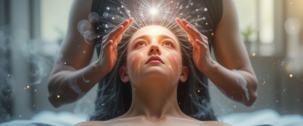 Terapeuta realizando Cura Prânica sem toque, limpando o campo energético e realizando curas energéticas com as mãos.