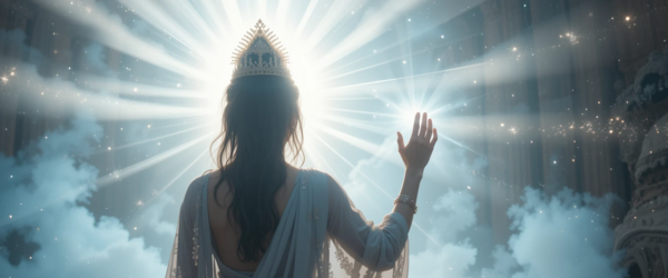 Praticante de Johrei canalizando Luz Divina com a mão erguida em ambiente espiritual