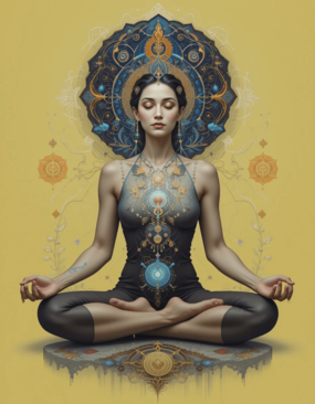 Pessoa meditando rodeada por símbolos da alma, reencarnação e energia universal