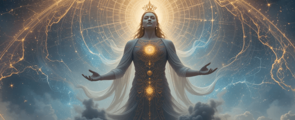 Alma radiante ascendendo ao cosmos após completar seu ciclo evolutivo