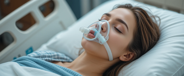 Pessoa deitada sobre uma cama de hospital e uma mascara no rosto tendo uma EQM.