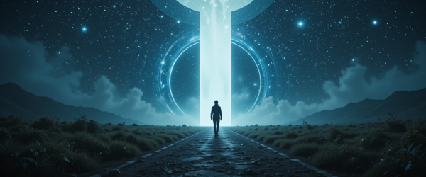 Uma pessoa caminhando em direção a um portal de luz no espaço, simbolizando o despertar interior e a ativação pineal, estilo sonhador.