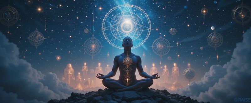 Meditação profunda conectando com seres espirituais de alta vibração.