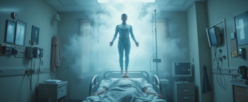 Pessoa flutuando sobre seu corpo em hospital, envolta por uma luz suave, representando uma experiência de quase morte.