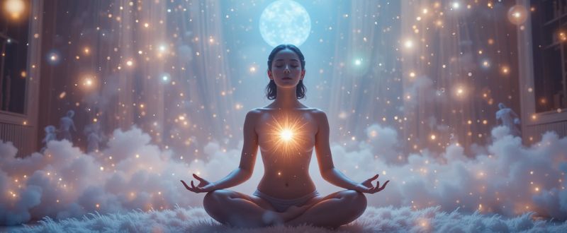 Despertar espiritual durante meditação com sinais de presença dimensional.