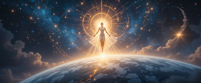 10 Frases Sobre Seres Espirituais de Luz Que Tocam a Alma. Ser espiritual de luz descendo do cosmos, cercado por estrelas e energia dourada.