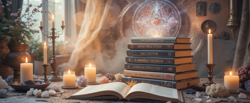 10 Livros Para Estudo de Projeção Astral. Livros sobre projeção astral empilhados em ambiente espiritual com velas e cristais ao redor.