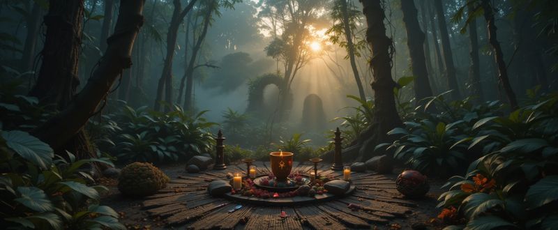 10 Perguntas Antes de Tomar Ayahuasca. Espaço de cerimônia Ayahuasca preparado ao amanhecer na floresta.