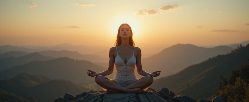 10 Perguntas para Despertar o Eu Interior. Mulher sentada em posição de meditação ao nascer do sol, simbolizando o despertar do eu interior.
