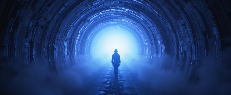 10 Relatos Reais de Experiências de Quase Morte que Vão Mexer com Você. Ilustração de um túnel de luz brilhante – símbolo clássico de experiências de quase morte.