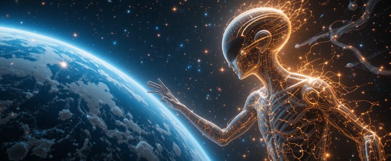 3 Razões Para Contato com Seres Extraterrestres que Você Precisa Conhecer. Ser extraterrestre de luz estendendo a mão em direção à Terra no espaço cósmico.