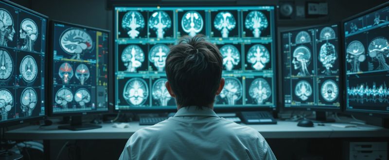 3 Teorias Científicas Sobre EQMs. Laboratório científico com monitores de EEG analisando paciente que teve EQM, representando pesquisa sobre EQMs.